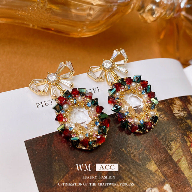 Elegant Bowknot Pearl and Zircon Earrings with Oval Shape in Stainless Steel for Women
