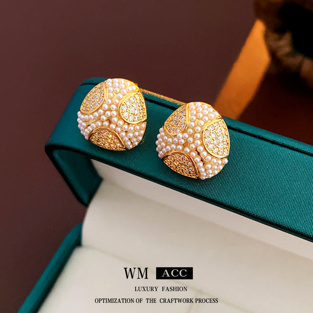 Chic Geometric Earrings with Gold-Plated Silver Posts, Zircon Inlay, and Imitation Pearl Accents for Women