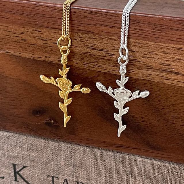 Chic French Style Rose Flower Cross Pendant Necklace for Women in 925 Sterling Silver with Geometric Design and Box Chain