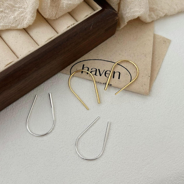 925 Sterling Silver U-Shape Earrings Korean Style Geometric Design Inlaid Pearl Women's Jewelry