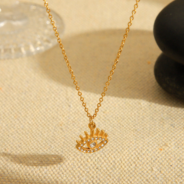 Ins Style Geometric Titanium Steel Plated 18K Gold Evil Eye Pendant Necklace with Rhinestone Inlay for Women