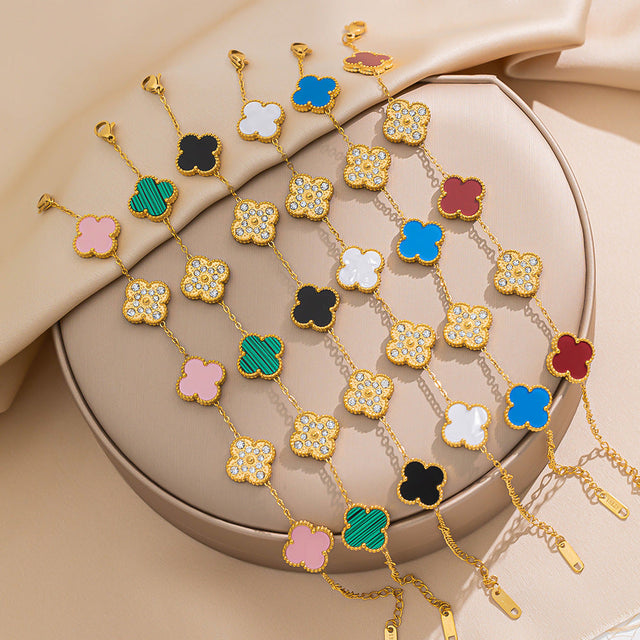 Elegant Four-Leaf Clover Bracelet in Titanium Steel with Rhinestone Inlay, Dual-Wear Design for Women and Men, Electroplated for Hypoallergenic Wear