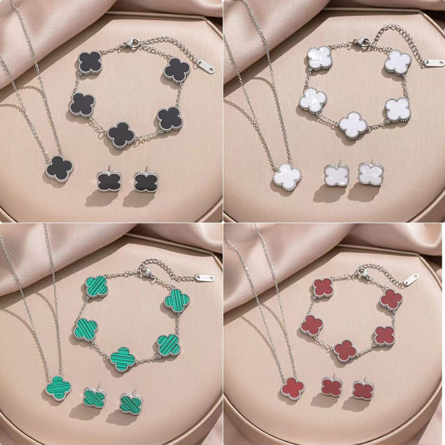 Minimalist Clover-Shaped Titanium Steel Necklace Set with Matching Bracelet and Earrings for Women