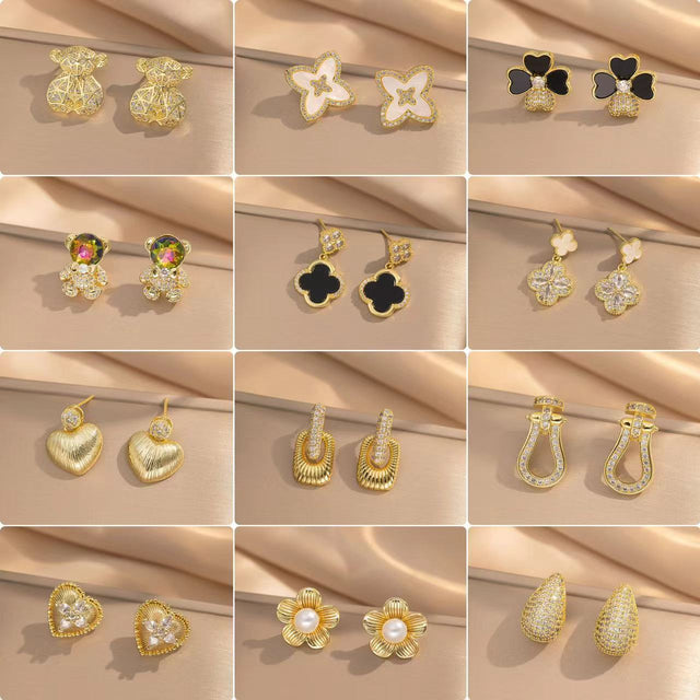 Luxury Style Clover Flower Heart Bear Stud Earrings in Gold-Plated Copper with Zircon Inlay