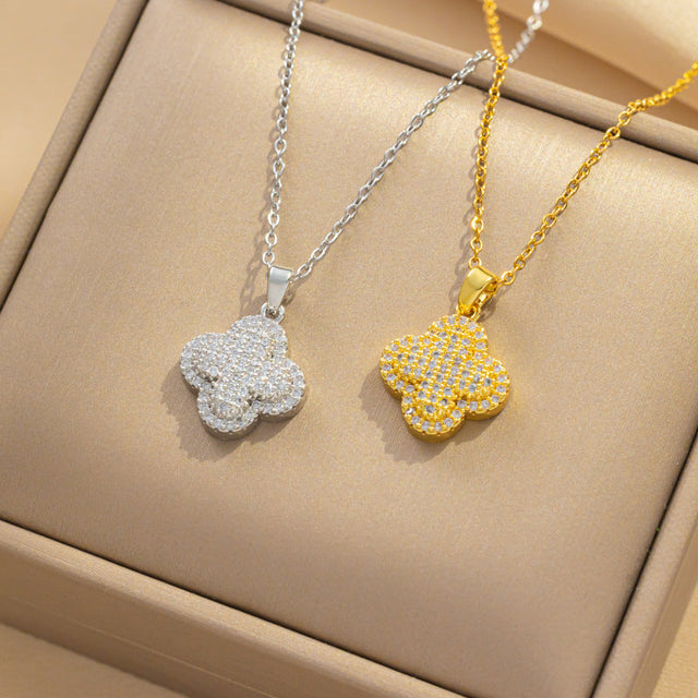 Minimalist Four-Leaf Clover Pendant Necklace for Women in Titanium Steel with Rhinestone Inlay and Polished Finish