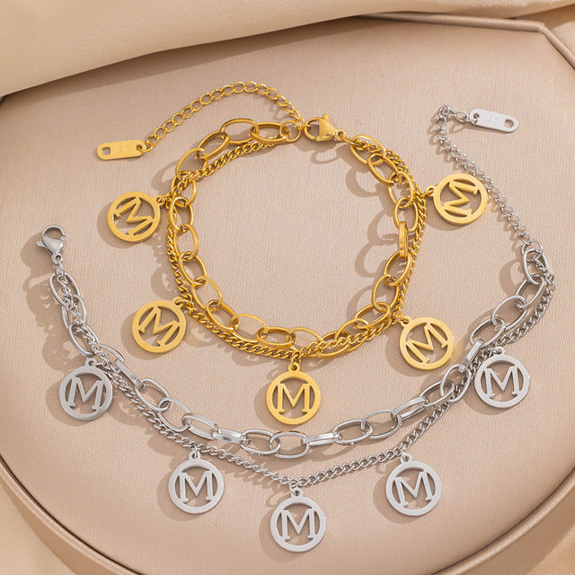 Minimalist Letter M Double-Layer Titanium Steel Bracelet for Women with Electroplated Finish