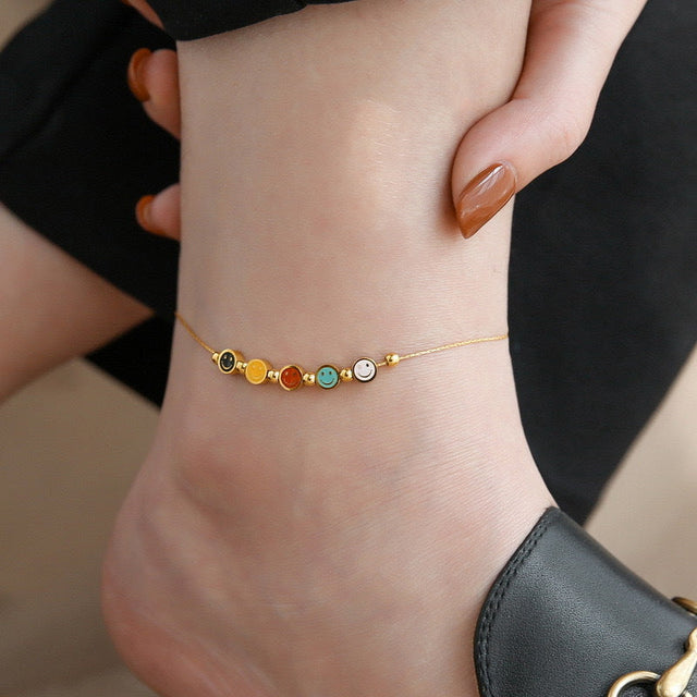 Colorful Smiley Face Titanium Steel Anklet for Women with 18K Gold Beads, Snake Chain Design, Hypoallergenic Plated Finish