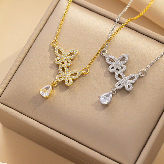 Butterfly-Shaped Titanium Steel Necklace for Women with Rhinestone Inlay, Plated Finish, O-Chain, Minimalist and Fashion-Forward Design