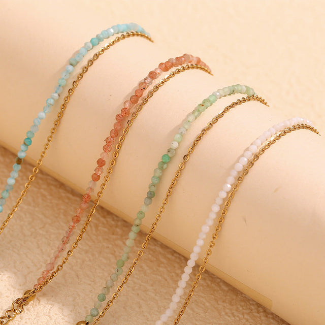 Fashionable Geometric Stainless Steel Plated 18K Gold Double Layer O-Chain Bracelet with Natural Green Australian Opal Beads for Women