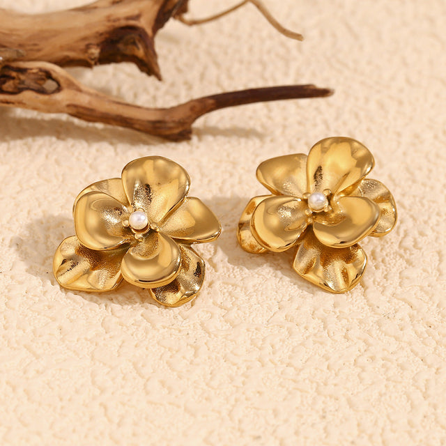 Vintage Floral Double-Layer Petal Pearl Stud Earrings for Women in Stainless Steel with 18K Gold Plating