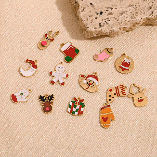 Cute Christmas Santa and Reindeer Pendant in Stainless Steel with 14K Gold Plating and Enamel Finish