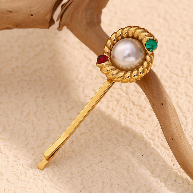 Vintage-Inspired Fashion Hair Clip for Women Stainless Steel Twisted Rope Design with 18K Gold Plating and Pearl Accents