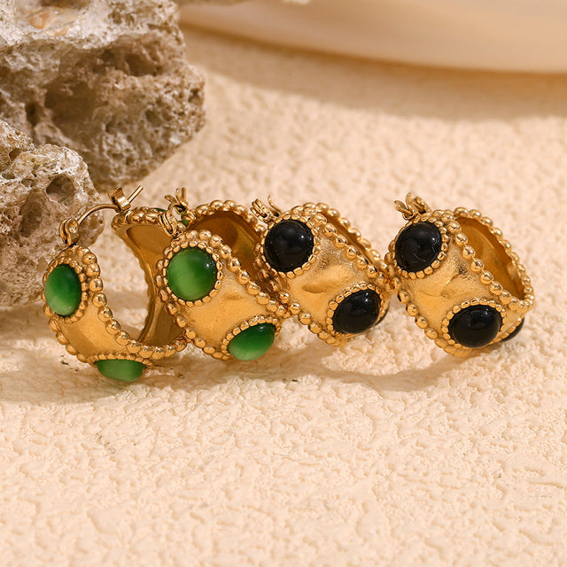 Fashionable Vintage-Style Geometric Stainless Steel 18K Gold-Plated Round Natural Stone Earrings for Women