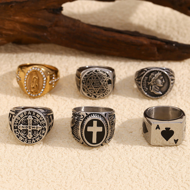 Hip Hop Style Geometric Stainless Steel Plated 18K Gold Black Vintage Cross Face Men's Ring
