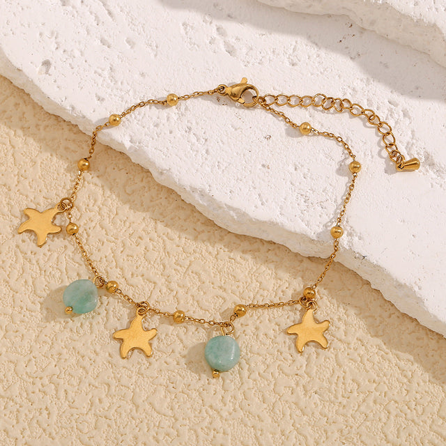 Minimalist Star-Shaped Aquamarine Pendant Anklet in 18K Gold Plated Stainless Steel for Women
