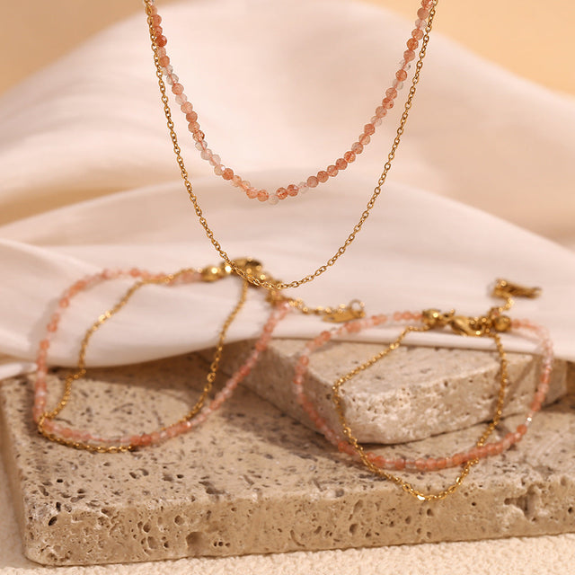 Fashionable OL Geometric Stainless Steel Plated 18K Gold Sunstone Beaded Necklace with O-Chain Double Layer Design