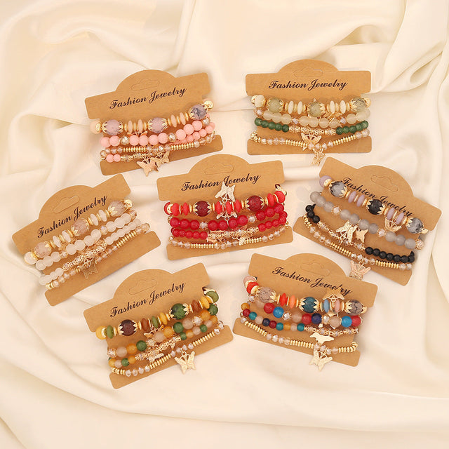 Bohemian Butterfly Beaded Bracelet Set in Polymer Clay with Handcrafted Finish for Women