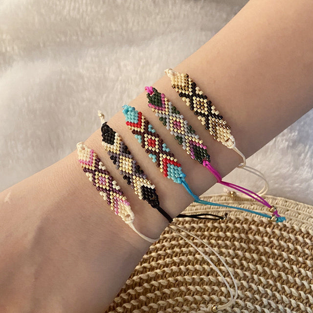 Bohemian Beaded Woven Bracelet for Women with Geometric Design and Glass Beads