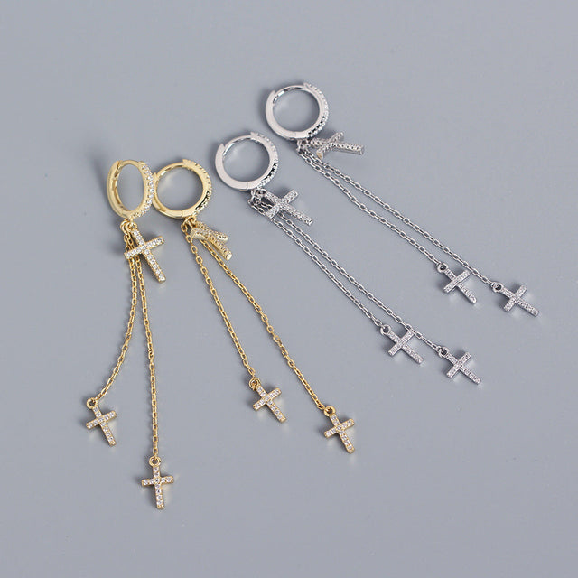 925 Sterling Silver Cross Rhinestone Inlay Earrings for Women