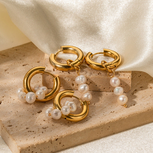Asymmetrical Oval Freshwater Pearl Pendant Hoop Earrings in Stainless Steel with 18K Gold Plating