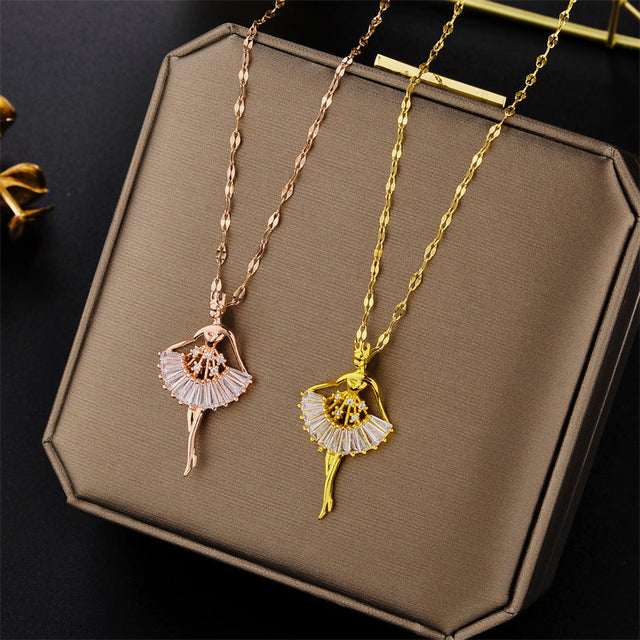 Cartoon Ballet Girl Necklace in Rose Gold Plated Titanium Steel with Lip Pendant on Wavy Chain for Women