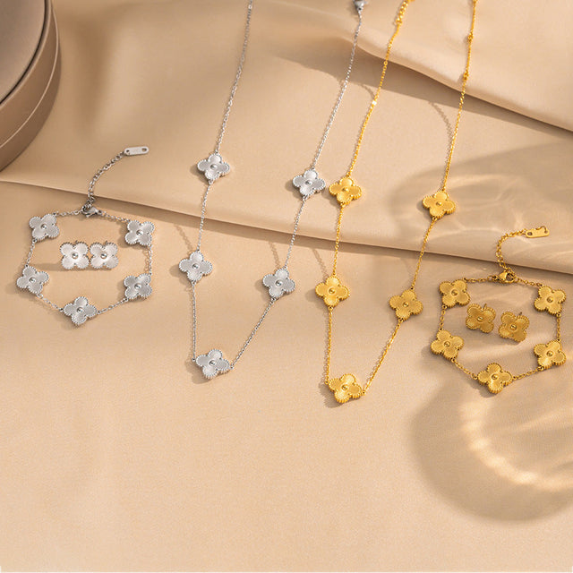 Fashionable Four-Leaf Clover Clavicle Necklace Set for Women in Titanium Steel with Laser Finish and Geometric Design