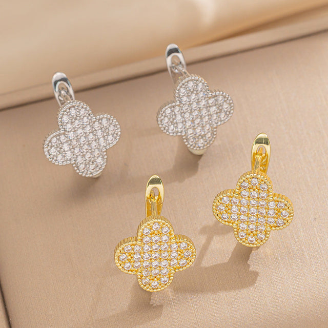 Elegant Four-Leaf Clover Earrings in Copper with 18K Gold Plating and Zircon Inlay, Floral and Geometric Design, Women's Fashion Jewelry