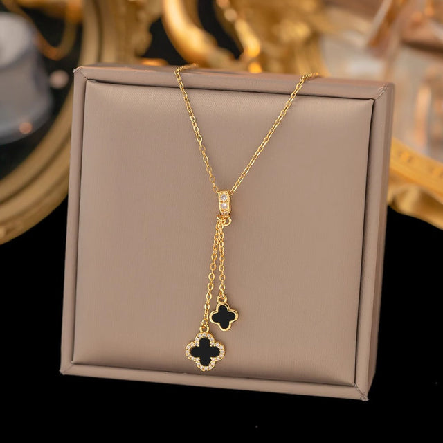 Minimalist Four-Leaf Clover Pendant Necklace for Women and Men in Titanium Steel with Micro-Pave Copper Inlay and Plated Finish on O-Chain