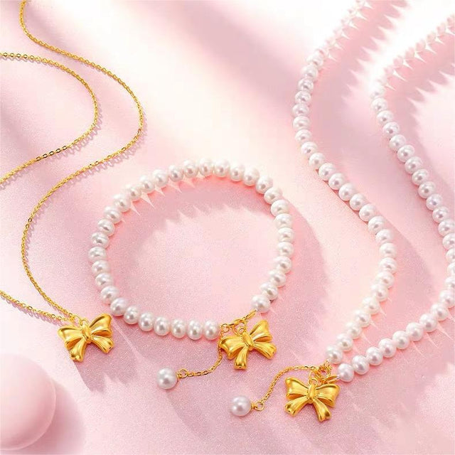Butterfly Bow Pendant Necklace for Women with Imitation Pearl Accents, Copper Pendant, Plated Finish, Delicate Clavicle Chain, Minimalist Original Design
