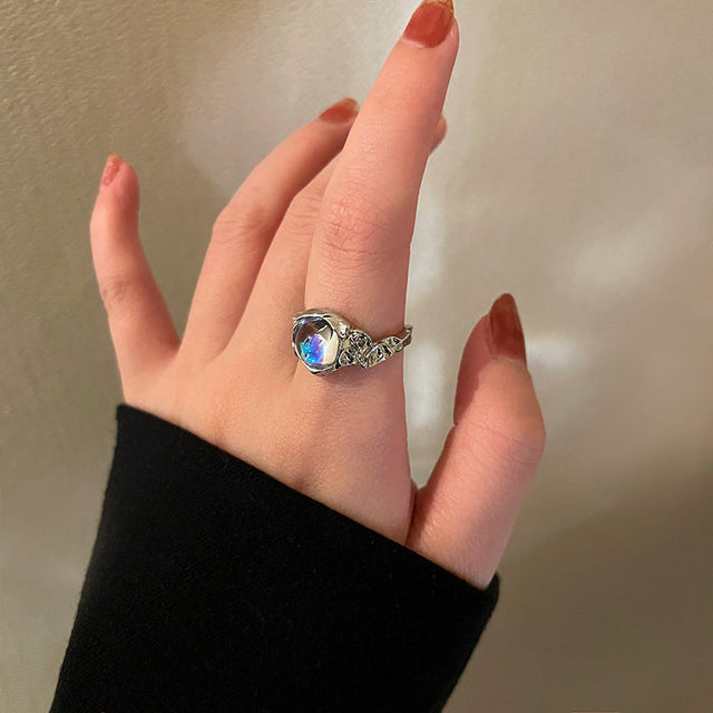 Adjustable Open Ring with Moonstone Crystal Accent in Titanium Steel Plated Finish for Women