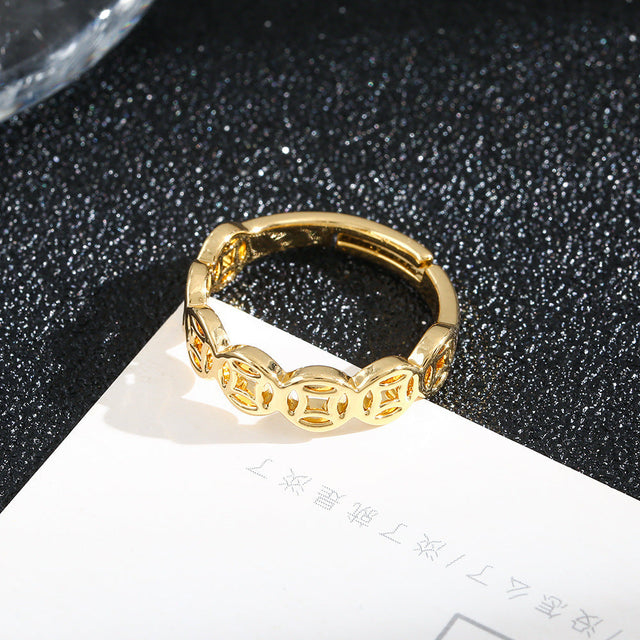 Adjustable Opening Ring in Copper with 18K Gold Plating High-Color-Retention Wealth-Preserving Coin Design Unisex Fashion Ring