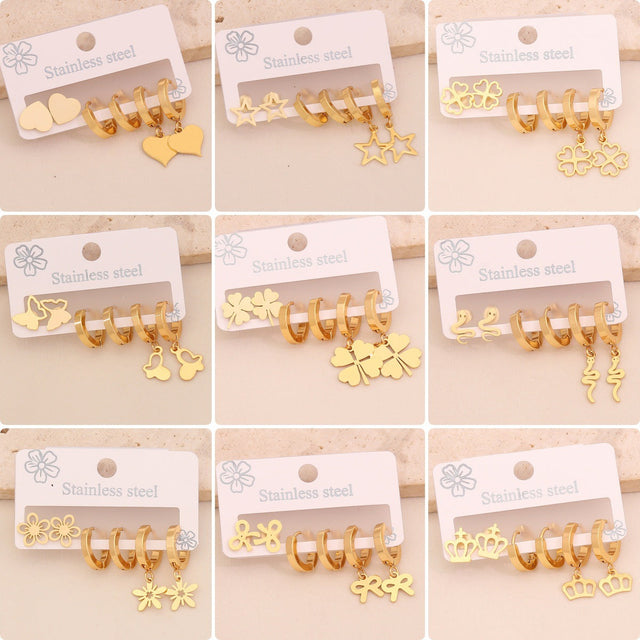 Fashionable OL Style Heart Butterfly Crown Floral Stainless Steel Earrings Set with Plating Finish