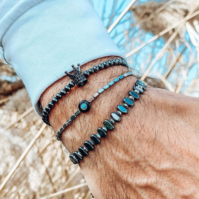 Punk Dark Layered Bracelet Set with Black Obsidian Evil Eye and Zircon Crown Charms for Unisex