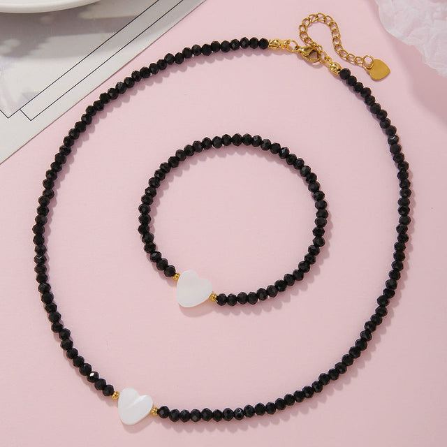 Bohemian Style Heart-Shaped Shell and Glass Bead Necklace with Stainless Steel O-Chain for Women
