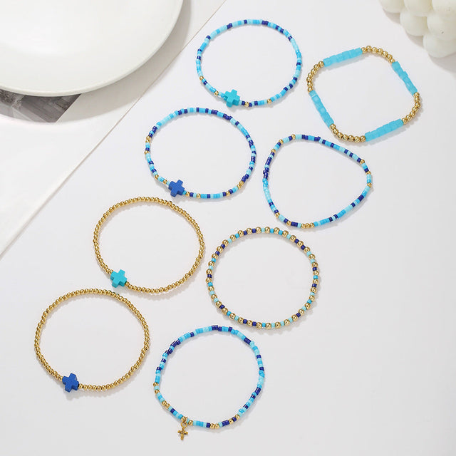 Minimalist Cross Charm Beaded Bracelet for Women with Rice Beads and Polymer Clay Accents, Elastic Multi-Layer Stackable Design