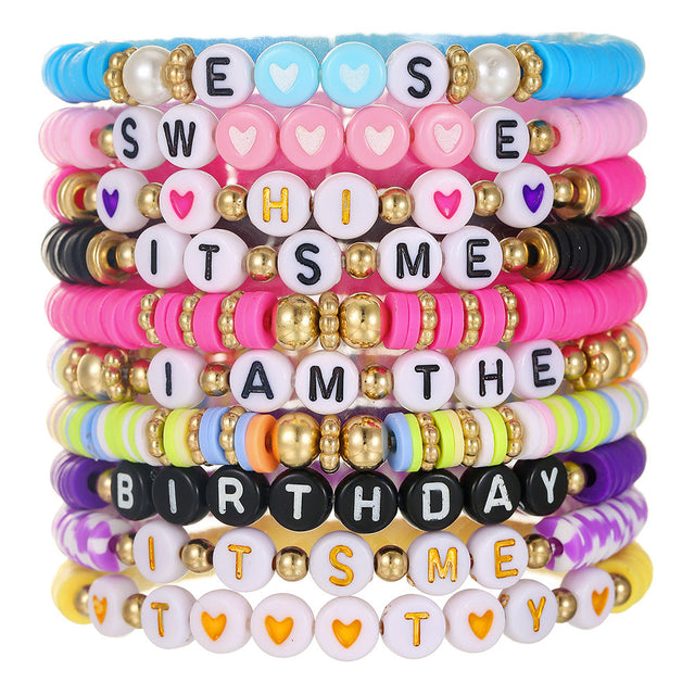 Bohemian Style Geometric Polymer Clay and Acrylic Beaded Bracelet Set with Colorful Letter Charms for Beach Vacation and Travel Souvenirs