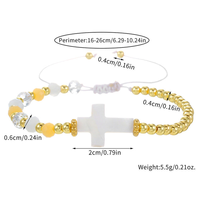Bohemian Style Adjustable Bracelet with Shell and Cross Charms, Crystal and Glass Beads, Handmade Design for Women