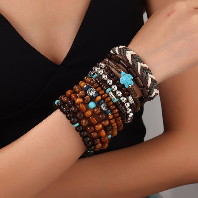Handmade Beaded Bracelet for Men and Women with Wooden Beads Volcanic Stone Black Onyx Elastic Band Bohemian Style Round Geometric Design