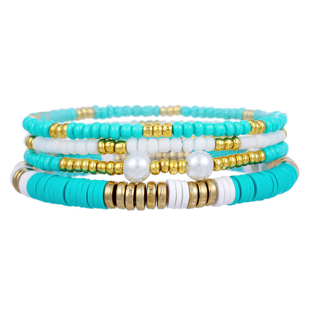 Bohemian Stackable Beaded Bracelet Set with Polymer Clay Beads Geometric Shape Colorful Pearl Accents for Women