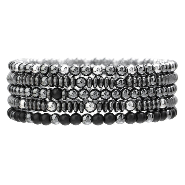 Geometric Black Hematite Beaded Bracelet Set for Couples Handmade Elastic Beach Style Hip Hop Jewelry