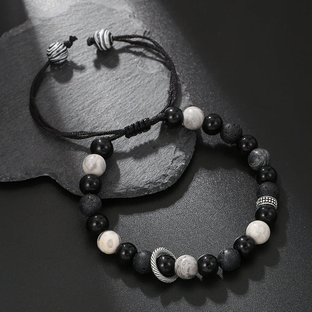 Adjustable Beaded Bracelet for Women with Natural Lava Stone Beads 8mm and 10mm in Geometric Shape, Copper-Plated with Zircon Inlay, Fashionable Office-Ready Design