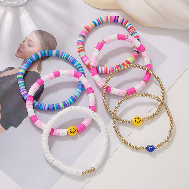 Bohemian Smile Eye Beaded Bracelet Set with Polymer Clay Beads in Geometric Shapes for Women and Men