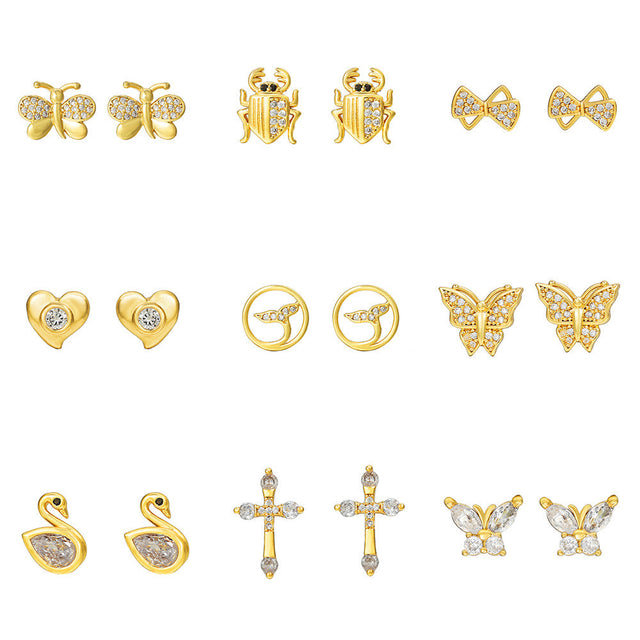Butterfly Bee Cross Heart Stud Earrings for Women in Alloy with Rhinestone Inlay and Electroplated Finish, Minimalist Fresh Sweet Style