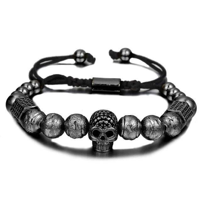 Adjustable Braided Skull Bracelet with Micro-Pave Zirconia for Men and Women, Geometric Design in Copper Hardware