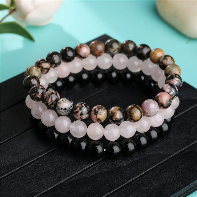 Bohemian Style Rose Quartz and Black Agate Beaded Stretch Bracelet Unisex Geometric Yoga Prayer Beads