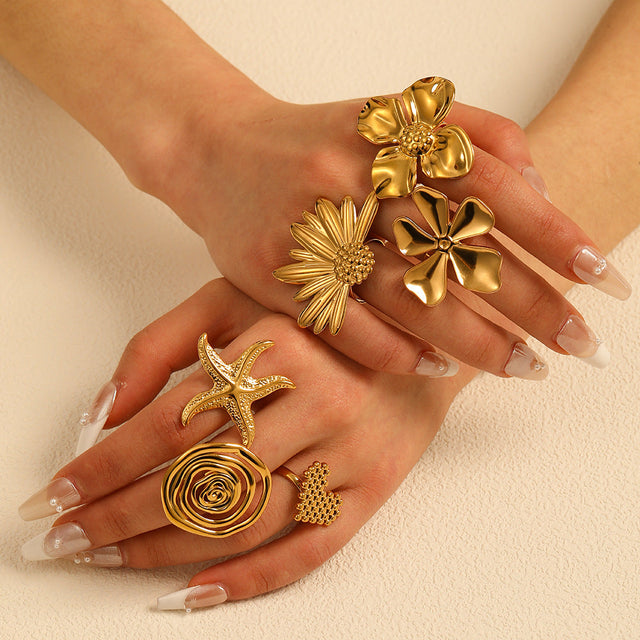 Minimalist Heart Flower Butterfly Ring in Stainless Steel with Pearl Inlay and 18K Vacuum Plating