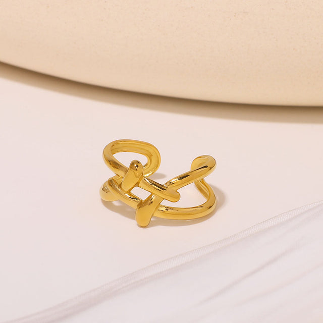Minimalist Geometric Interlocking Line Stainless Steel Adjustable Ring with Plated Finish