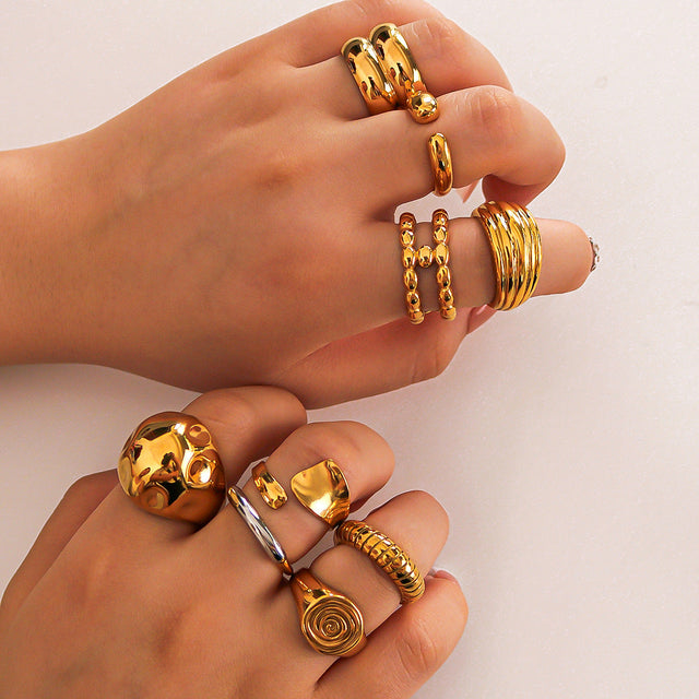 Asymmetrical Irregular Textured Stainless Steel Ring with Wavy Leaf and Geometric Shape Design