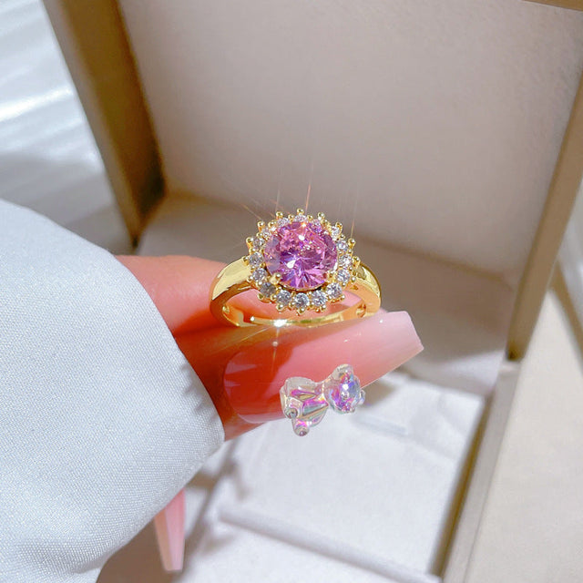 Cute Kawaii Style Crown-Shaped Pink Gold-Plated Brass Adjustable Ring for Women