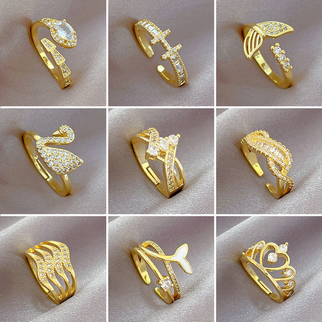 Minimalist Geometric Gold-Plated Brass Open Ring for Women with Crown Shape and Rhinestone Inlay